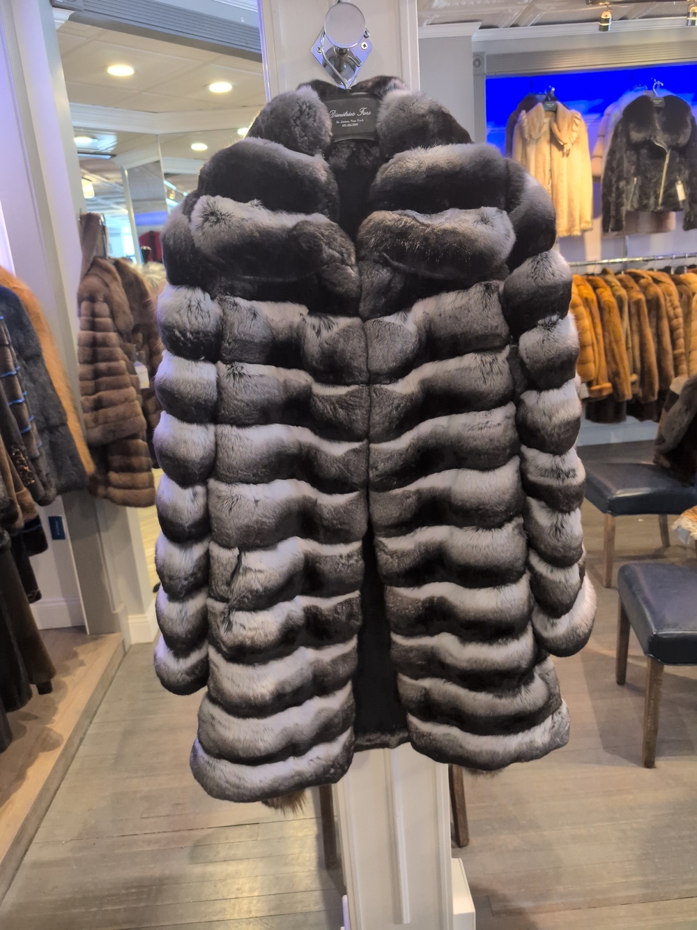 Women's Plush Black & Gray Striped Fur Pea Coat Chinchilla